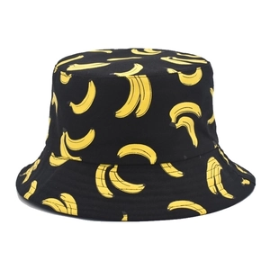 Wendbarer Fischerhut mit gelbem Bananen-Print auf schwarzer Baumwolle für Sommer
