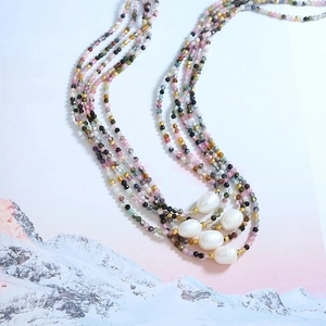 Multilayer tourmaline beaded necklace with baroque pearls and golden metal beads