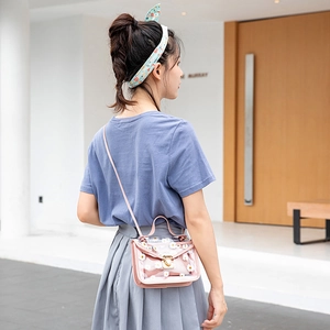 Pink transparent PVC crossbody bag with white daisy embroidery and metal clasp lock