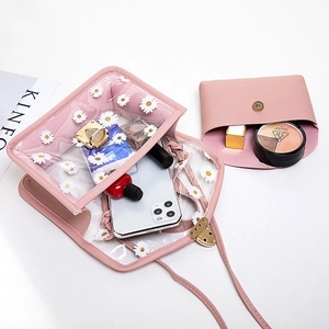Pink transparent daisy printed PVC tote with golden lock and internal pouch set