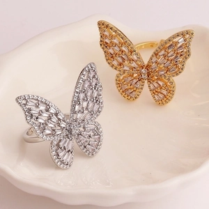 Luxury butterfly open ring with micro-paved zircons in gold and silver finishes