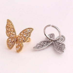 Luxury butterfly rings in gold and silver with zircon stones and adjustable open band