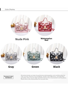 Detail of transparent PVC daisy printed handbag with metal handle and hardware lock closure
