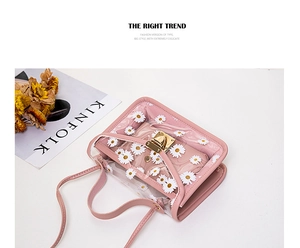 Detailed view of daisy pattern on pink transparent jelly bag with gold metal buckle