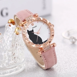Fashion women's watch with cute black cat silhouette dial and pink suede strap