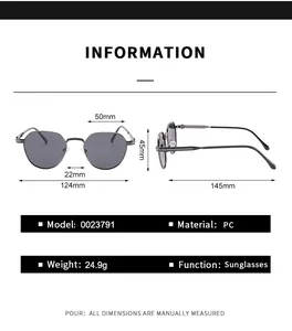 Detailed size chart for retro polygon sunglasses showing dimensions and PC frame specs