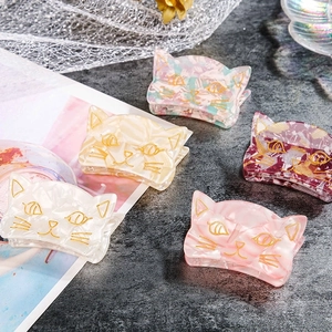 Cute Kitten Hair Claw Clip Acetate Acrylic Gold Outlined Cat Face Marble Shell Texture Korean Style Hair Accessories