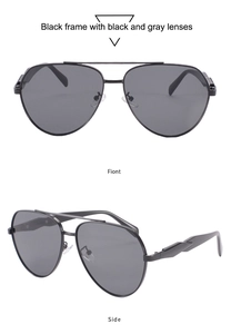 Détails de lunettes aviateur à double pont avec monture noire et branches géométriques