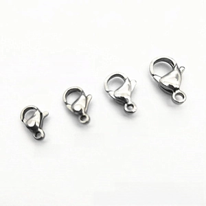 Polished stainless steel lobster clasps in 9mm, 11mm, 13mm, and 15mm sizes for jewelry