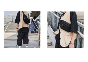 Outdoor-Streetstyle-Ansicht der schwarzen Nylon-Brusttasche mit verstellbarem Gurt