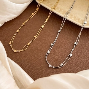 Double-layered titanium steel square charm necklace in gold and silver finish