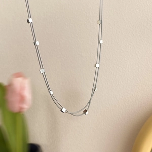 Minimalist silver double-layered titanium steel necklace with square beads on snake chain