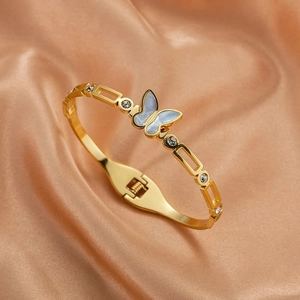 Butterfly Bangle Bracelet Titanium Steel 18K Gold Plated Shell Inlay Cubic Zirconia Exquisite Light Luxury Jewelry Women