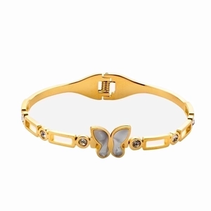 18K gold butterfly bangle with shell inlay and sparkling crystals for women