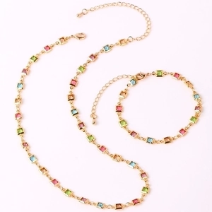 18K gold plated jewelry set with square colorful zircons including necklace and bracelet