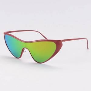 Futuristic shield sunglasses with dark red matte frame and green-yellow gradient lens