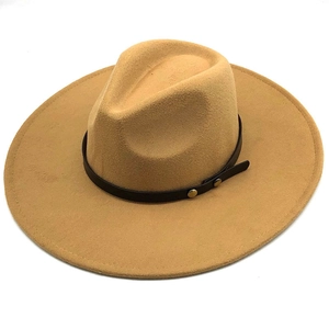 Elegant camel wide brim wool jazz hat with black leather band and gold metal studs