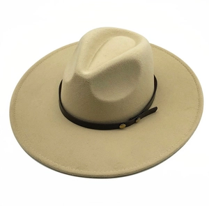Classic wide brim wool felt jazz fedora hat in beige with brown leather band and rivets