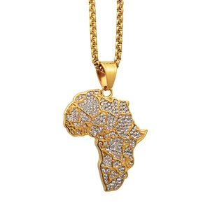 Hip hop style gold plated African map pendant necklace with paved crystals and box chain