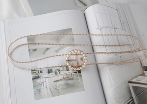 Macro shot of transparent PVC belt with gold metal chain edges and pearl-studded round buckle