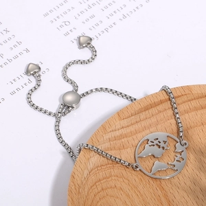 Detail of world map charm bracelet with adjustable heart-shaped slider and box chain