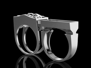 Macro 3D rendering of silver punk skull rings with geometric square design on black background