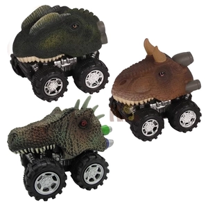 Three hand-painted realistic dinosaur pull-back toy cars with large off-road tires