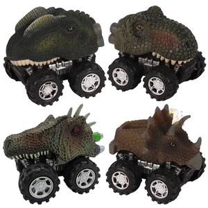 Set of four realistic dinosaur pull-back toy cars in green and brown colors with big tires