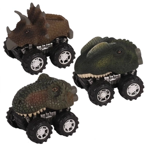 Set of 3 realistic dinosaur monster trucks with large off-road tires and pull-back action