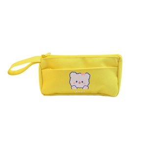 Cute yellow canvas pencil case with cartoon bear pattern and portable handle