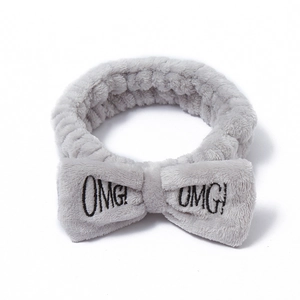 Gray coral fleece OMG headband with bowknot for face washing and makeup