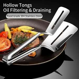 Durable 304 stainless steel slotted food tong for frying steak and filtering oil