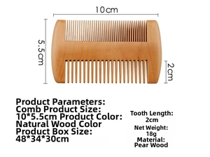 Detailed view of double-sided pearwood comb showing dimensions 10x5.5cm and fine teeth