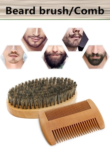 Detail view of the wooden beard brush and comb set with male grooming style icons