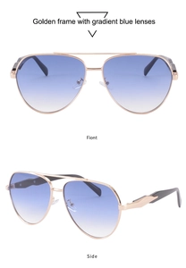Vue détaillée des lunettes aviateur à double pont avec verres dégradés bleus