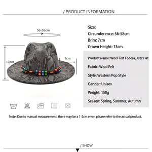 Gray snake print wool fedora hat with decorative beaded band and wide brim for unisex