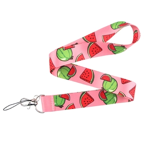 Detail of pink lanyard featuring watermelon prints with metal hook and loop