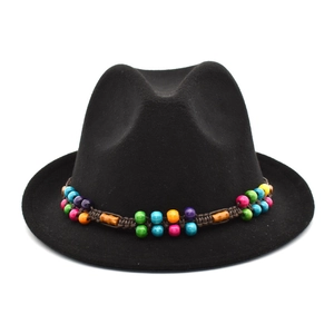 Chapeau Fedora en Feutre de Laine Unisexe Avec Bande Tissée de Perles Bohème Chapeau de Jazz Vintage Bord Large Décor Extérieur