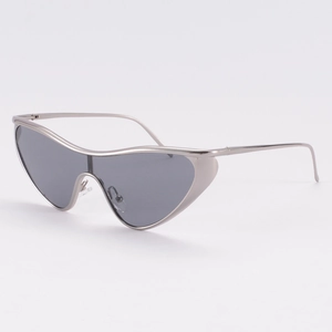 Futuristic silver metal wrap-around sunglasses with grey lenses in 45-degree angle view