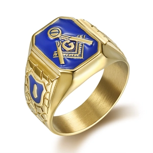Hip Hop Masonic Ring Men Titanium Steel Gold Plated Blue Enamel Freemasonry Square Compass Letter G Signet Ring Jewelry