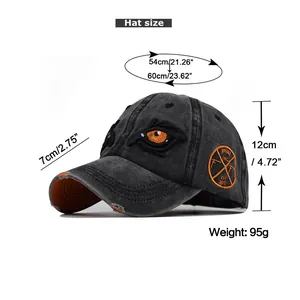Size chart for cartoon eyes baseball cap showing 54-60cm circumference and 7cm brim length