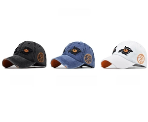 Detailed color display of embroidered eyes baseball caps in black, navy blue and white