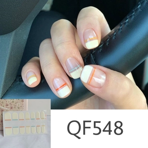 Detail of QF548 matte daisy nail stickers with French white tips and thin color lines