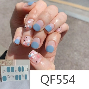Detail of QF554 blue matte nail stickers with daisy dots and heart patterns