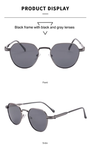 Detailed views of polygon sunglasses with black metal frames and dark gray lenses