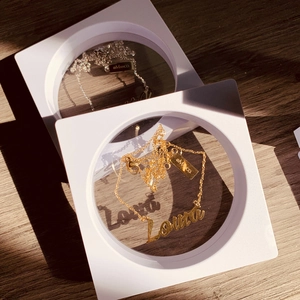 Custom name necklace in gold and silver finish with 3D floating display gift boxes