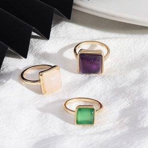Fashion Square Natural Stone Ring For Women Alloy Gold Plated Minimalist Geometric Ins Style Finger Jewelry Elegant