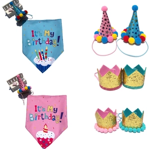 Pet Birthday Party Supplies Dog Bandana Triangle Scarf Sequin Crown Hat For Puppy Cat Celebration Accessories