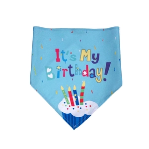 Blue dog birthday bandana with It's My Birthday text and colorful cake print on white background