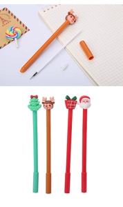 Disassembled view and group shot of cartoon Christmas gel pens with festive silicone toppers